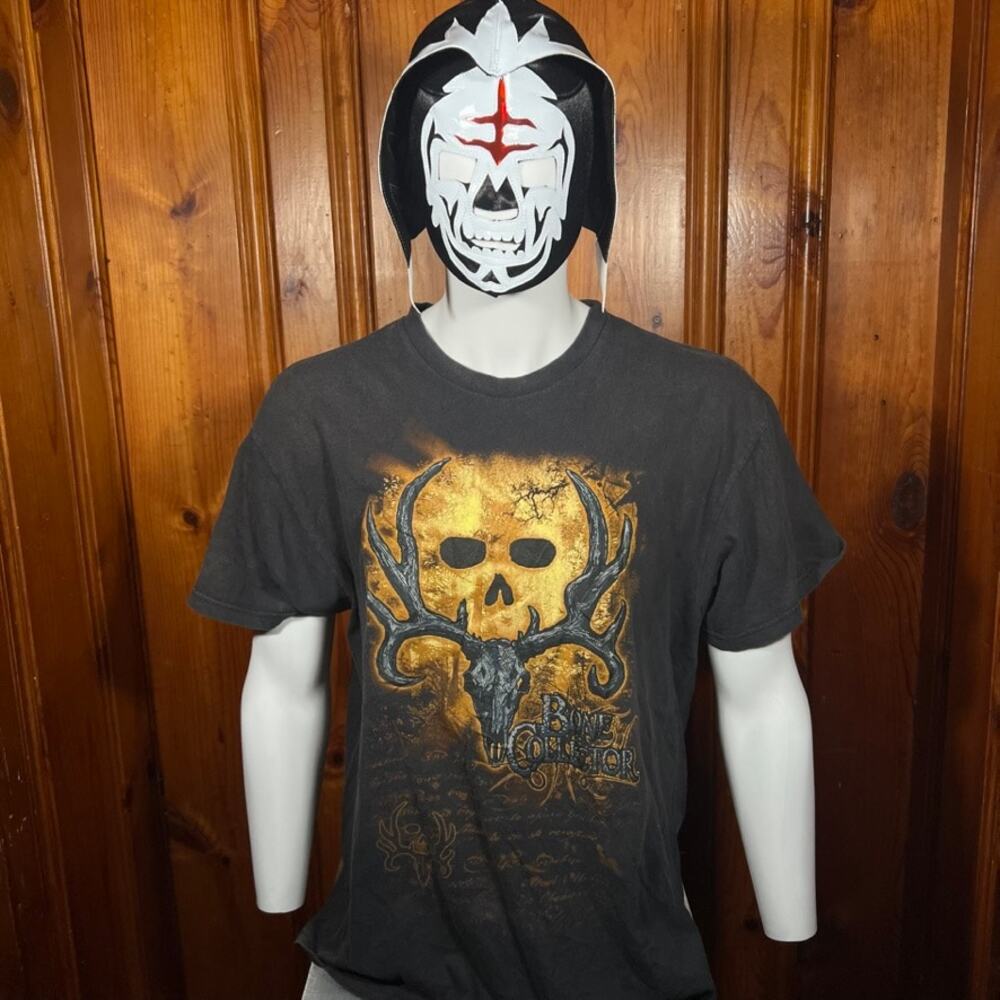 Bone Collector Large Hunting Graphic T Shirt Black Skull Antlers Y2K